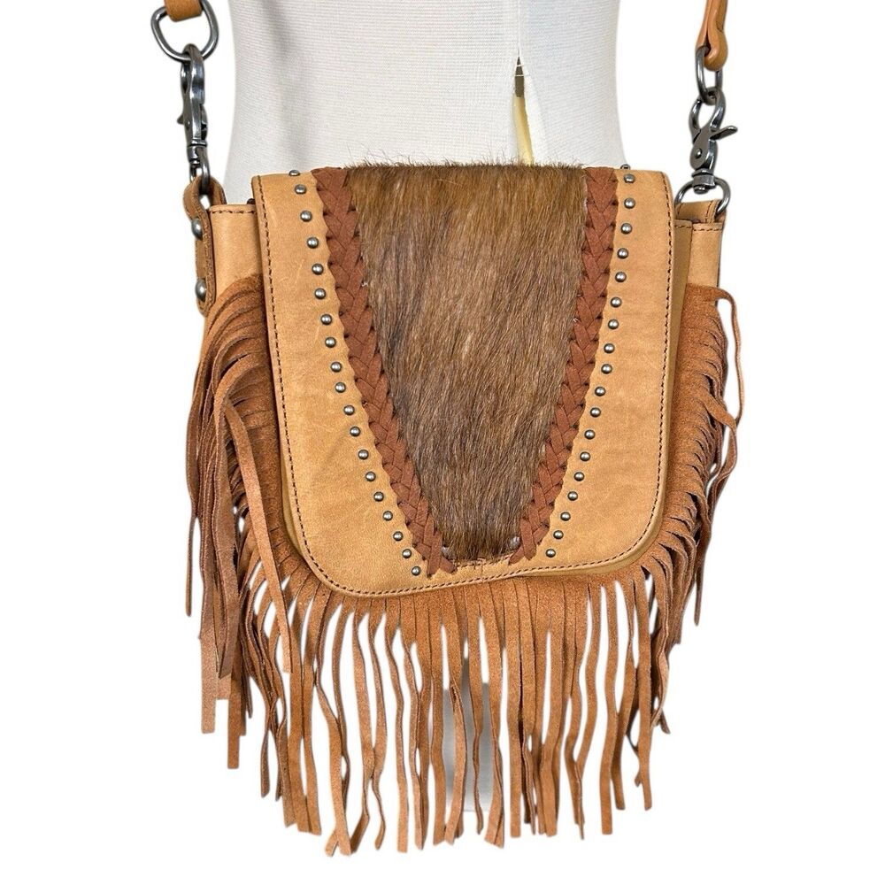 Montana West Women's Hair On Hide Cowhide Fringe Crossbody Suede Leather NWT